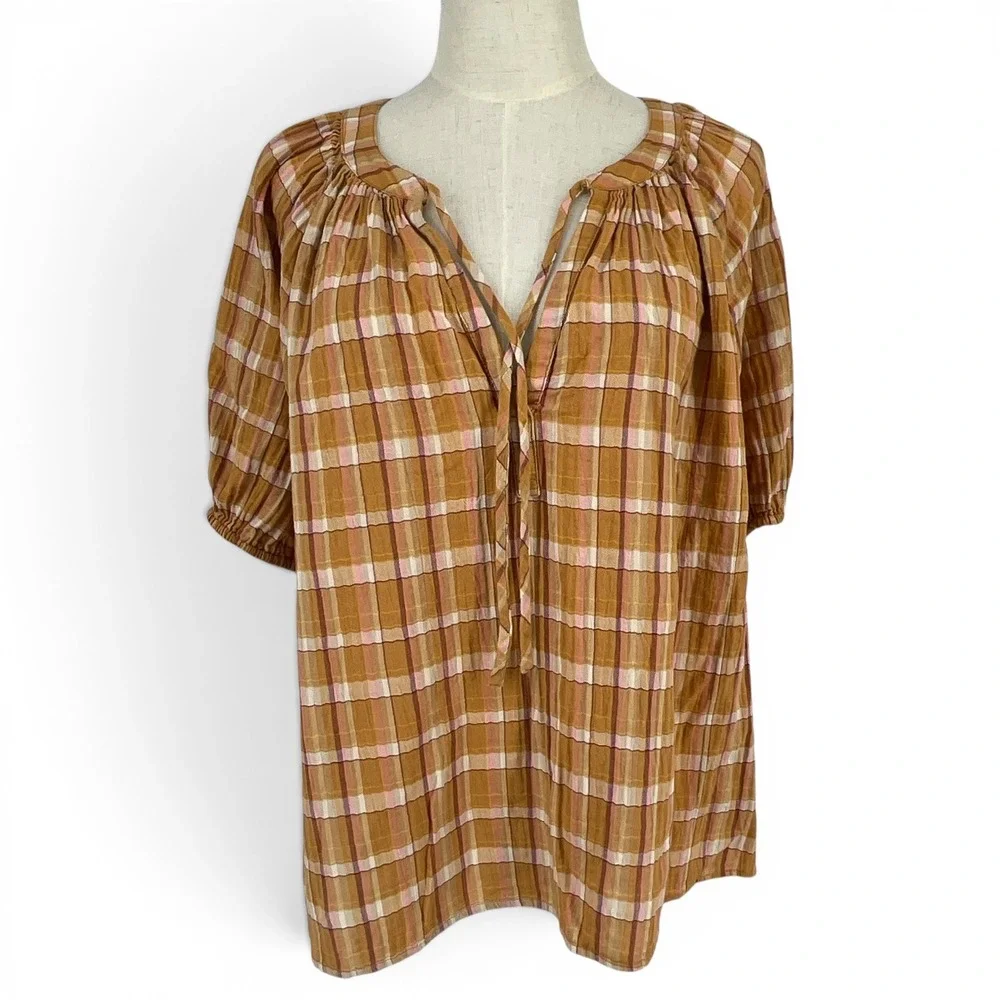 LOFT‎ Mustard Yellow Plaid Puff Sleeve Tie Neck Blouse Top Large Boho Cotton